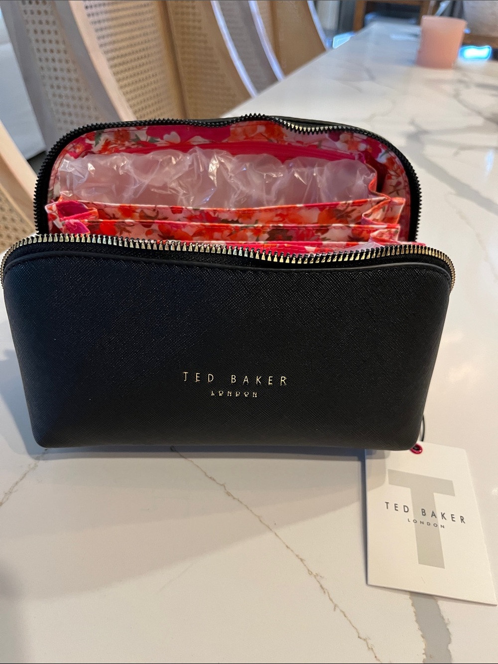 Ted Baker Black Cosmetic Pouch with Pink Floral Lining